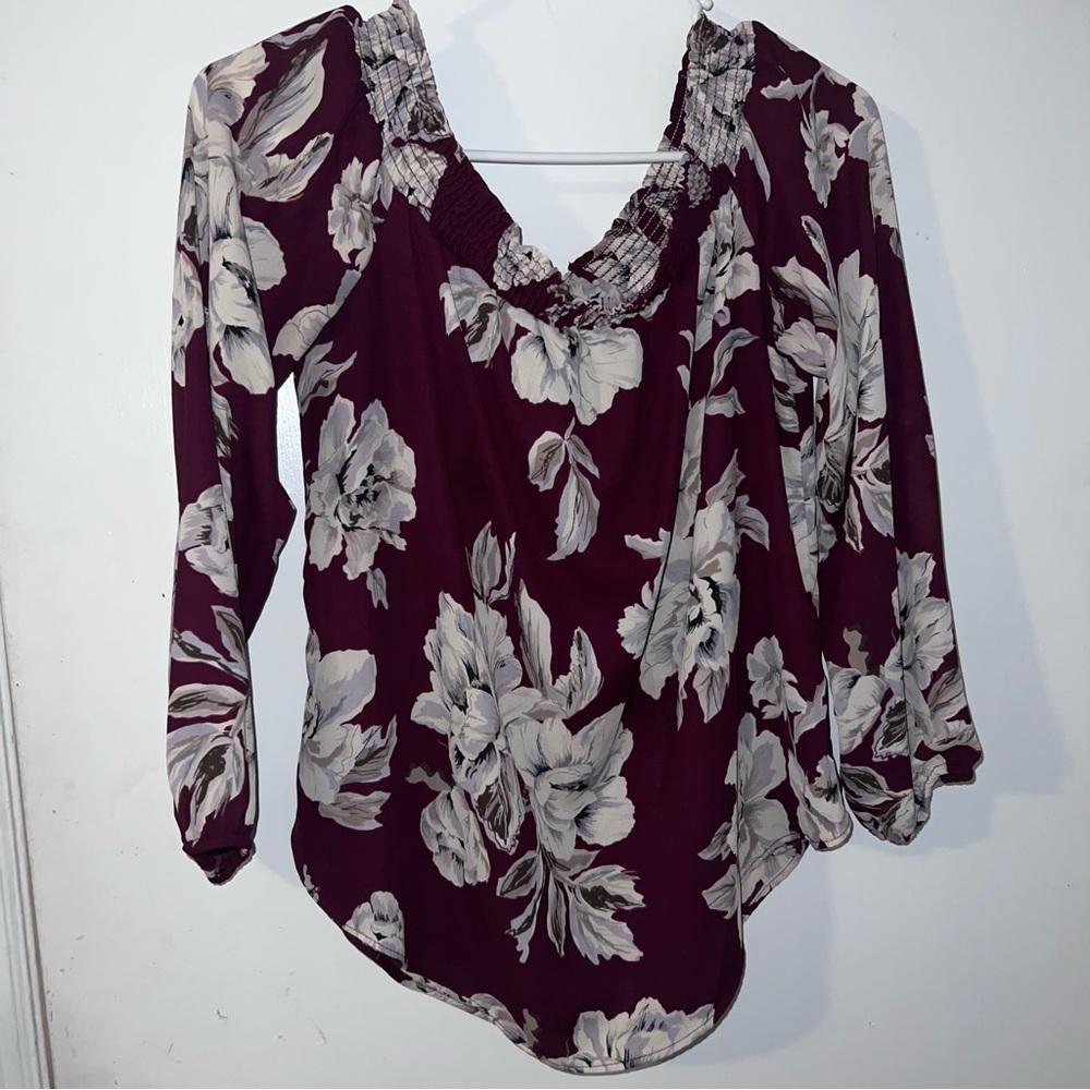 Burgundy blouse with flowers. From Dillard’s.